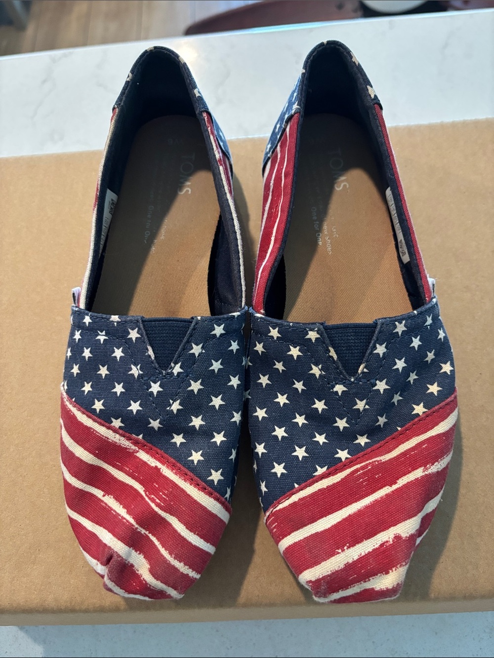 Toms Slip-On Shoes in Navy Blue, Red, and White American Flag Print